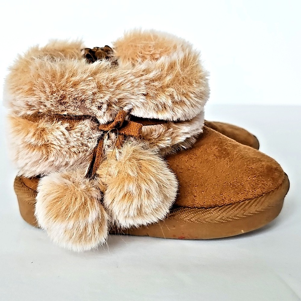 Toddler Faux Suede Fur Trim Pom Pom Winter Ankle Boots Chestnut‎ Size 5 Girly